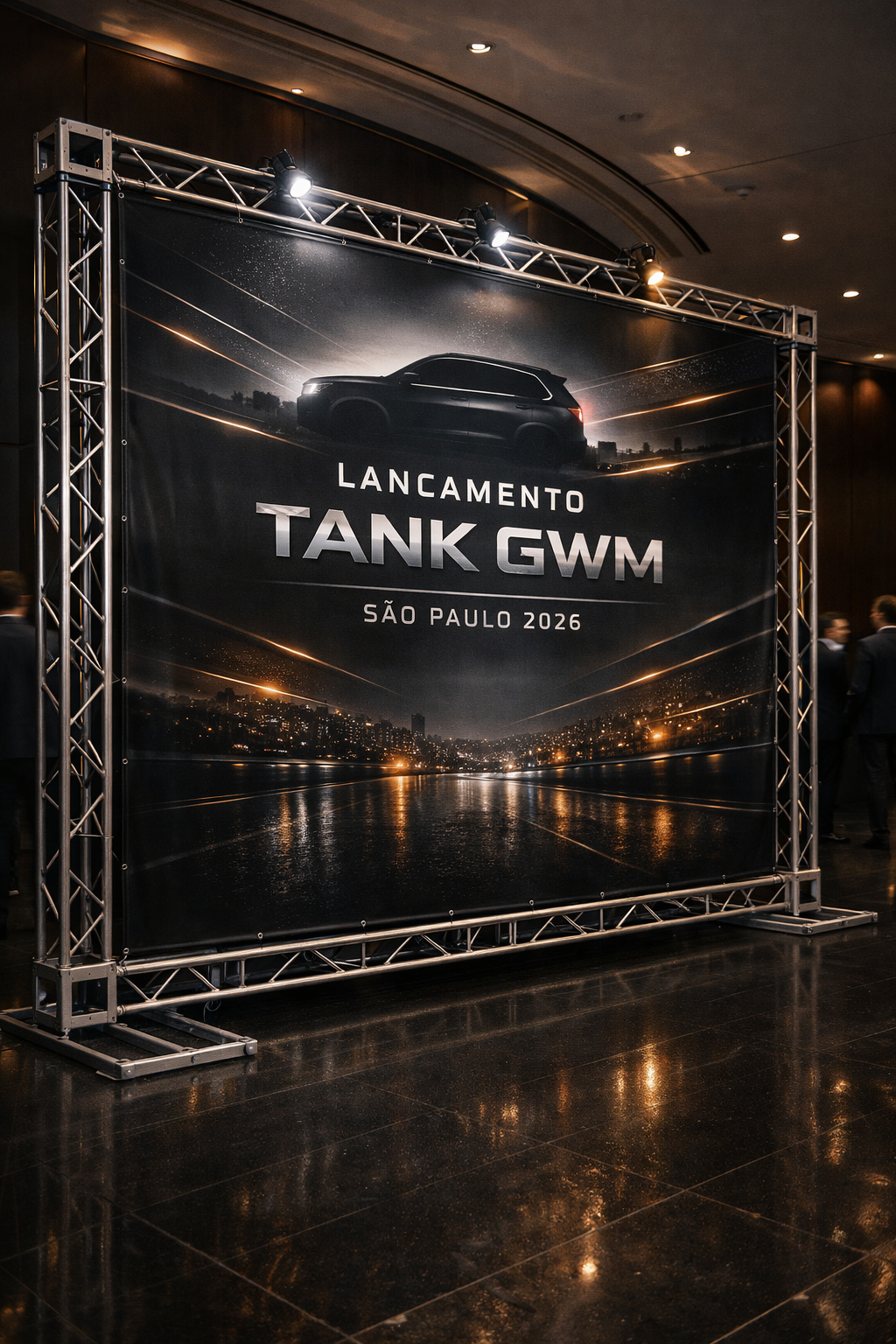 Backdrop box truss para evento corporativo de lançamento em São Paulo - estrutura metálica com banner impresso para feiras e eventos - SEMCO Displays