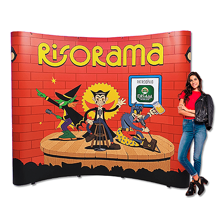 Backdrop evento corporativo — painel pantográfico portátil SEMCO Displays São Paulo