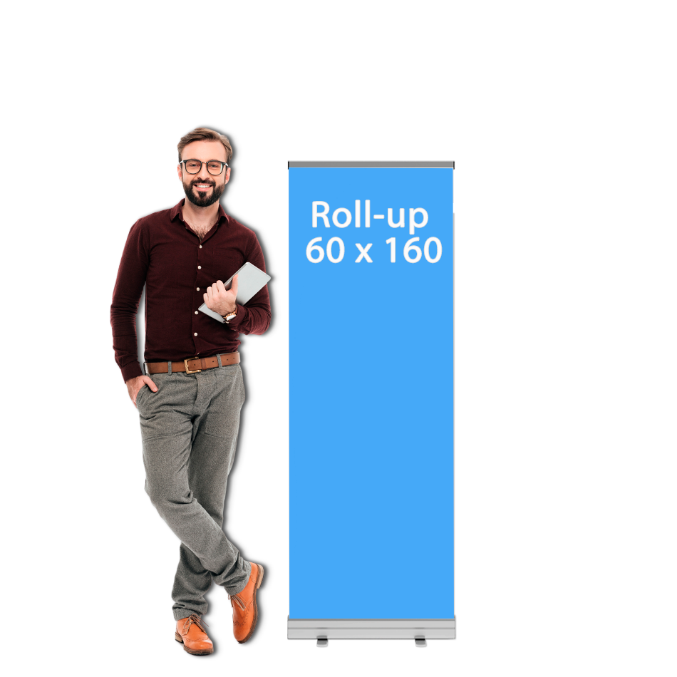 Roll-up banner retrátil 60x160 compacto para balcão e recepção