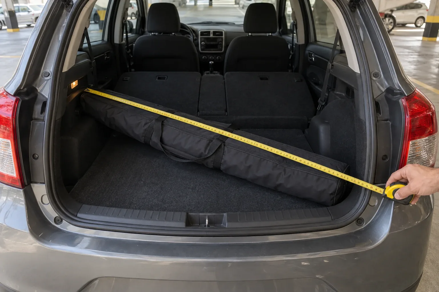 Bolsa de transporte do backdrop no porta-malas de um carro, com trena medindo o espaço