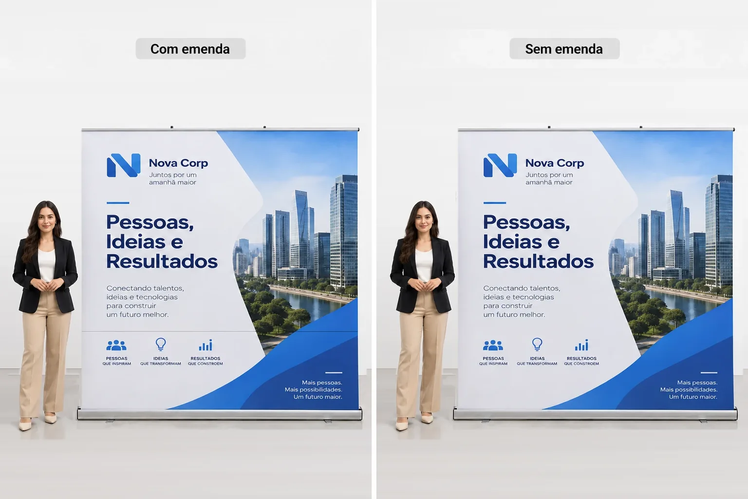 Comparação de backdrop retrátil 200x200 em lona: com emenda horizontal e sem emenda