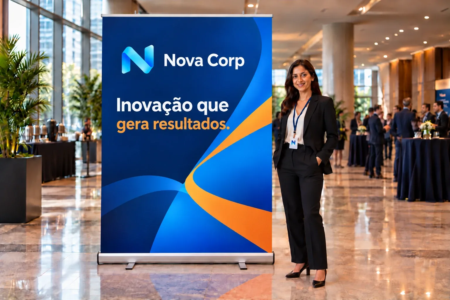 Backdrop retrátil roll up 150x200 no saguão de um evento corporativo, com uma participante ao lado