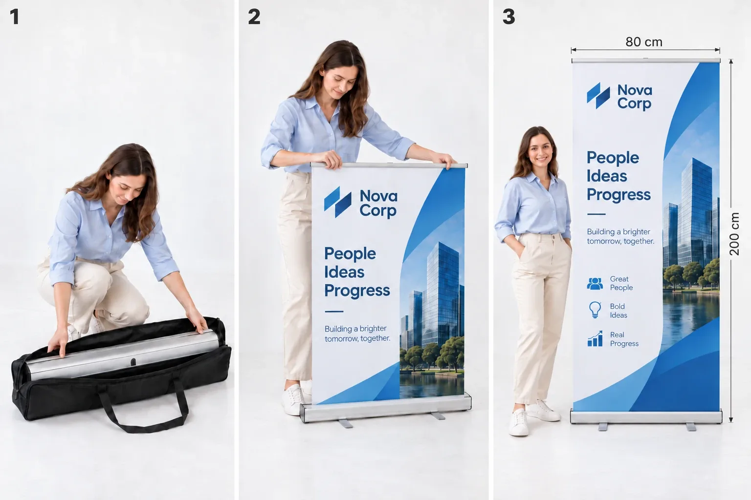 Montagem do backdrop retrátil roll up em 3 passos: tirar a base da bolsa, puxar o banner e pronto